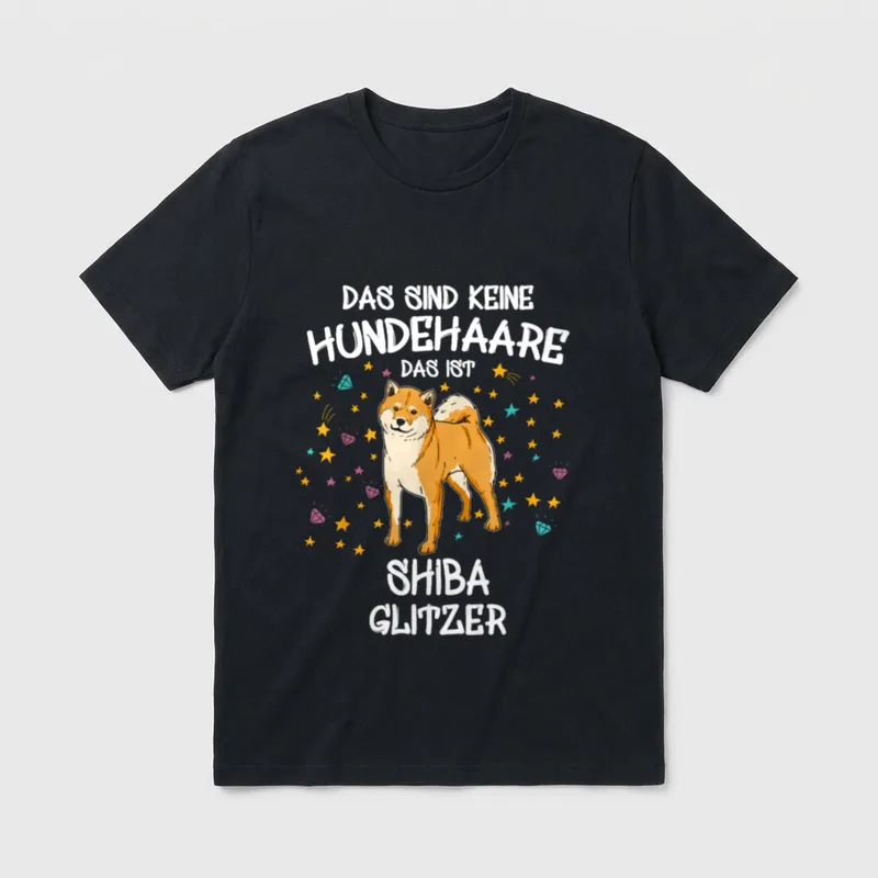 Akita T-Shirt – Shiba Inu Illustration mit bunten Sternen und Text über Glitzer – Klassisches T-Shirt in Schwarz