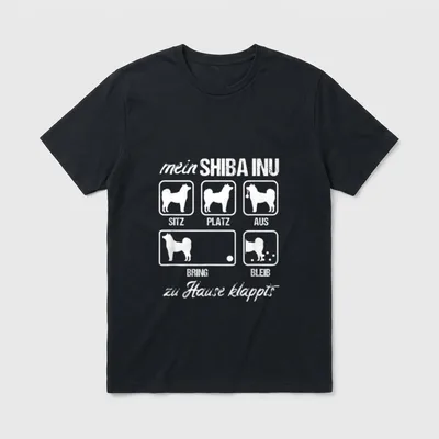 Shiba Inu Hund Hunderasse T-Shirt – Weißer Shiba Inu Befehl Druck auf grauem Grund – Klassisches T-Shirt in Schwarz
