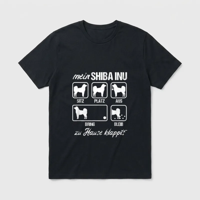 Shiba Inu Hund Hunderasse T-Shirt – Weißer Shiba Inu Befehl Druck auf grauem Grund – Klassisches T-Shirt in Schwarz