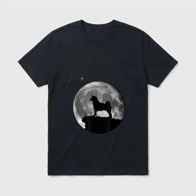 Akita Hunde T-Shirt – Schwarze Akita Silhouette vor detailreichem Vollmond und Sternenhimmel – Klassisches T-Shirt in Schwarz