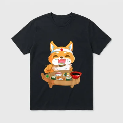 Japanische Kawaii Hund Shiba T-Shirt – Cartoon Shiba Inu mit Sushi-Stäbchen und Holzschaufel – Klassisches T-Shirt in Schwarz