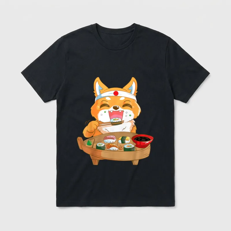 Japanische Kawaii Hund Shiba T-Shirt – Cartoon Shiba Inu mit Sushi-Stäbchen und Holzschaufel – Klassisches T-Shirt in Schwarz