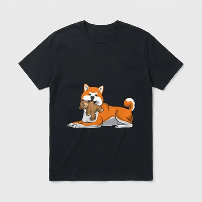 Akita Inu Hund T-Shirt – Roter Akita Inu Hund mit braunem Plüschtier im Maul – Klassisches T-Shirt in Schwarz