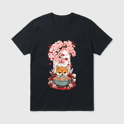 Süßer Shiba Hund T-Shirt – Shiba Inu vor Ramen-Nudelsuppe mit Kirschblüten im Japan Style – Klassisches T-Shirt in Schwarz