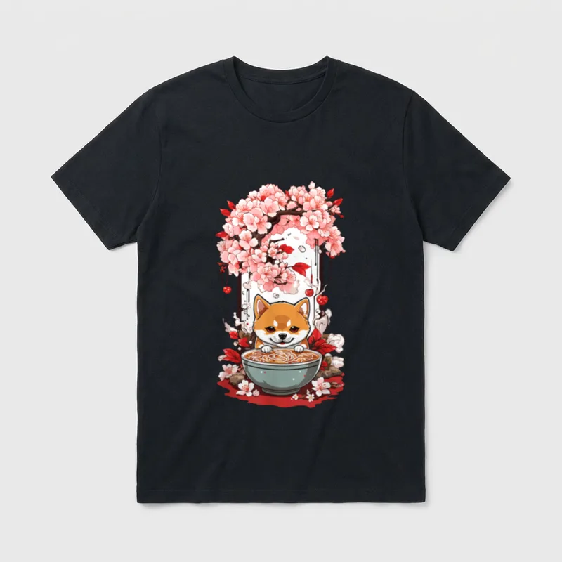Süßer Shiba Hund T-Shirt – Shiba Inu vor Ramen-Nudelsuppe mit Kirschblüten im Japan Style – Klassisches T-Shirt in Schwarz