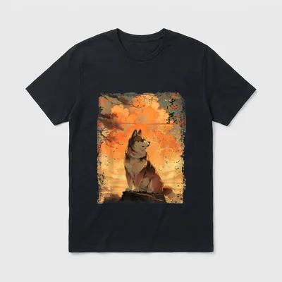 Japanische Vintage-Landschaft Akita Inu T-Shirt – Klassisches T-Shirt in Schwarz
