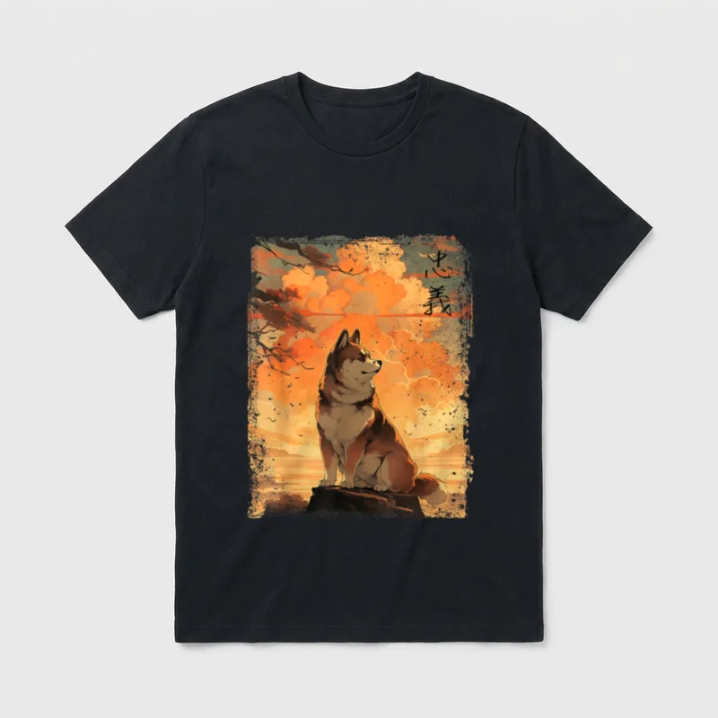 Japanische Vintage-Landschaft Akita Inu T-Shirt – Klassisches T-Shirt in Schwarz