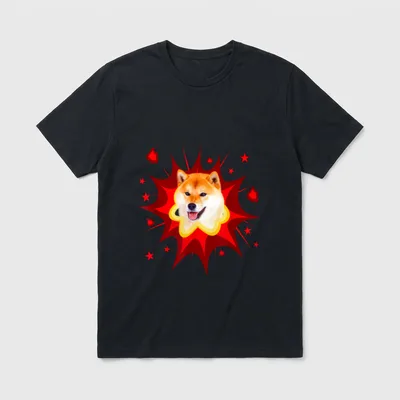 Shiba Inu Dog Pow T-Shirt – Fröhlicher Shiba Inu Kopf vor roter Comic-Explosion mit Sternen – Klassisches T-Shirt in Schwarz