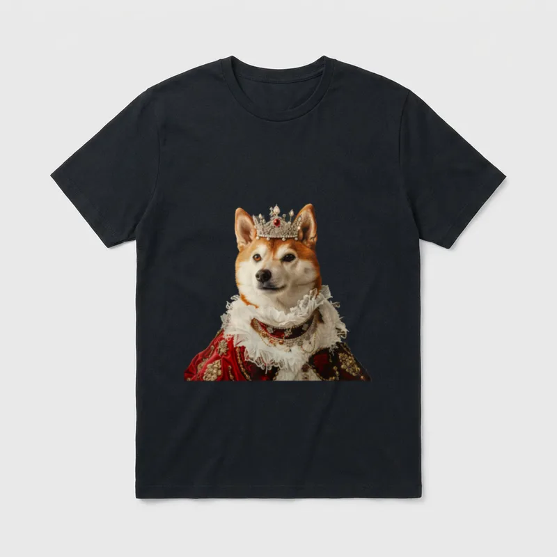 Akita Inu Hund Akita T-Shirt 0121 – Shiba Inu mit Diamantkrone und rotem Barockgewand – Klassisches T-Shirt in Schwarz