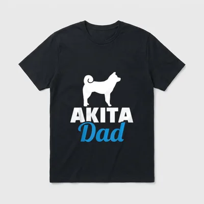 Akita Papa T-Shirt – Weiße Akita Inu Silhouette über weiß-blauer Typografie – Klassisches T-Shirt in Schwarz