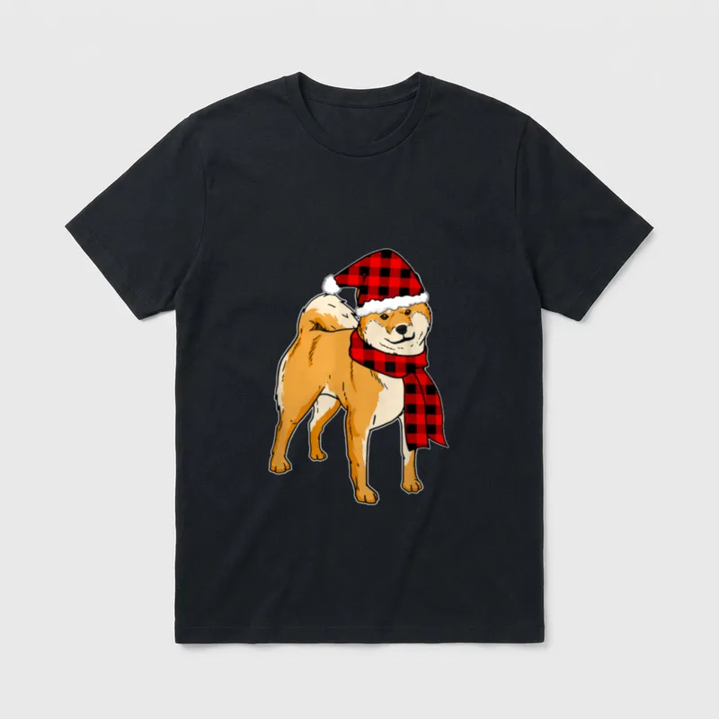 Lustiges Shiba Inu Weihnachten T-Shirt – Shiba Inu mit kariertem Weihnachtshut und Schal – Klassisches T-Shirt in Schwarz