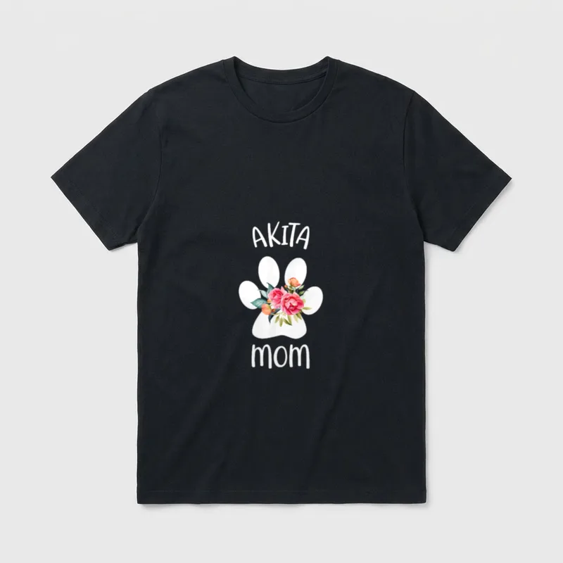 Akita Mom für Frauen T-Shirt – Weiße Pfote mit rosa Rosen und Text AKITA mom – Klassisches T-Shirt in Schwarz