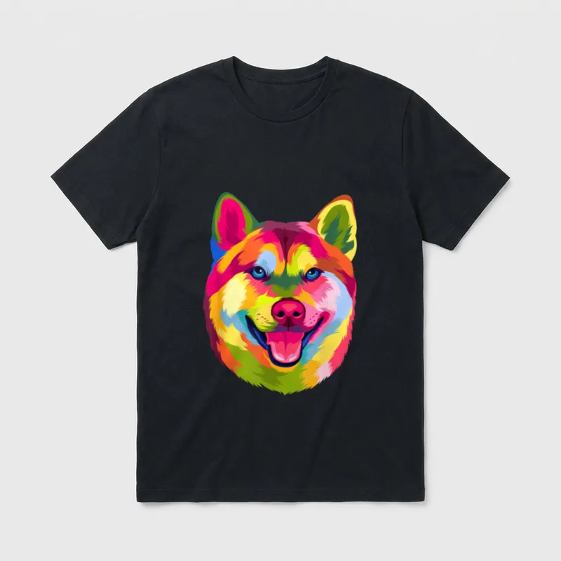 Pop Art Shiba Inu T-Shirt – Bunt gemaltes Porträt eines lächelnden Shiba Inu im Pop-Art-Stil – Klassisches T-Shirt in Schwarz