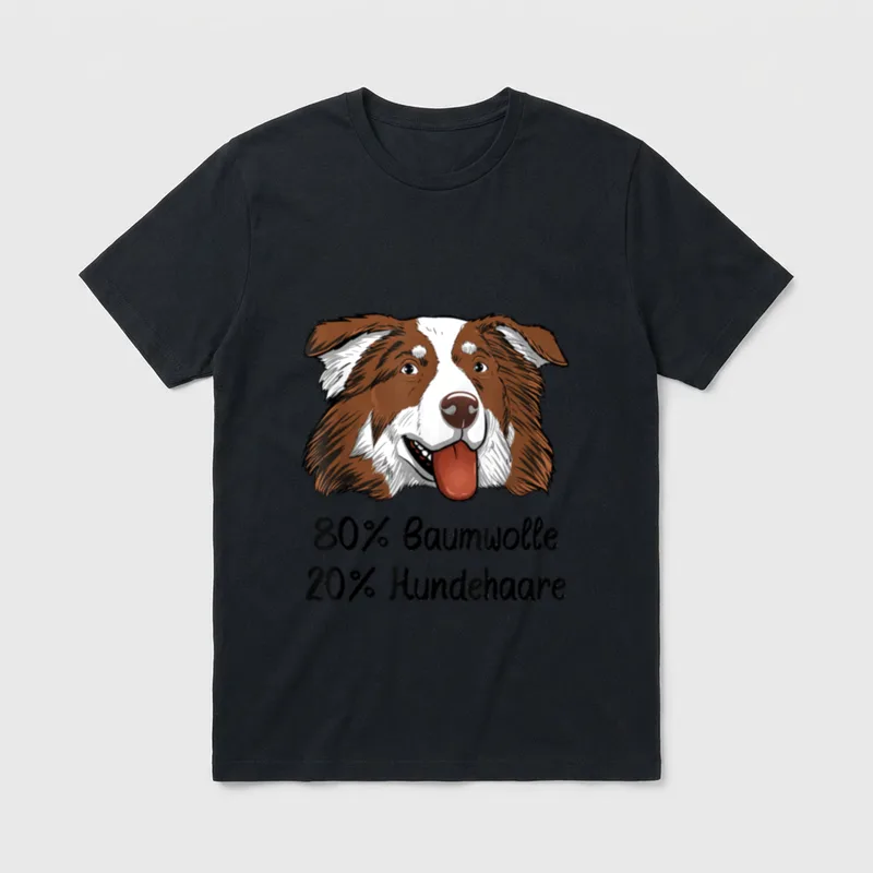 Aussie Red Tri 80% T-Shirt – Australian Shepherd Kopf mit Text 80% Baumwolle 20% Hundehaare – Klassisches T-Shirt in Schwarz