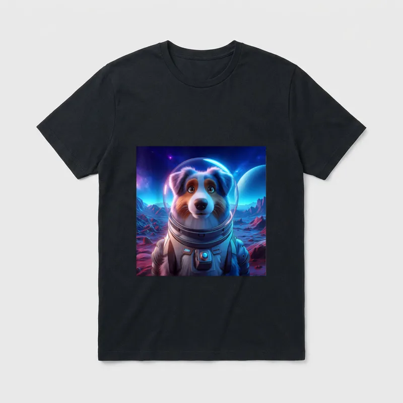 Aussie Astronaut T-Shirt – Australian Shepherd im Raumanzug vor rotem Planeten – Klassisches T-Shirt in Schwarz