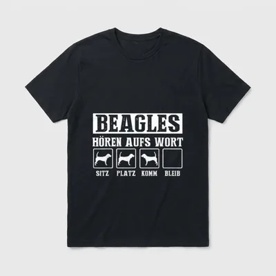 Beagles Hören Aufs Wort T-Shirt – Beagle Silhouetten unter Sitz Platz Komm Bleib Text – Klassisches T-Shirt in Schwarz