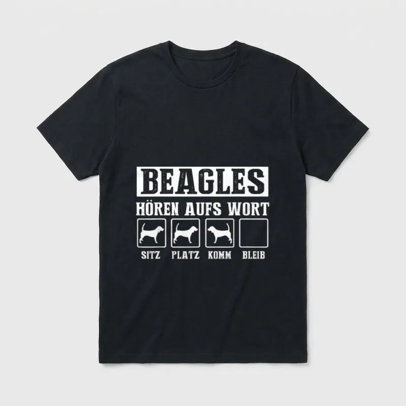 Beagles Hören Aufs Wort T-Shirt – Beagle Silhouetten unter Sitz Platz Komm Bleib Text – Klassisches T-Shirt in Schwarz