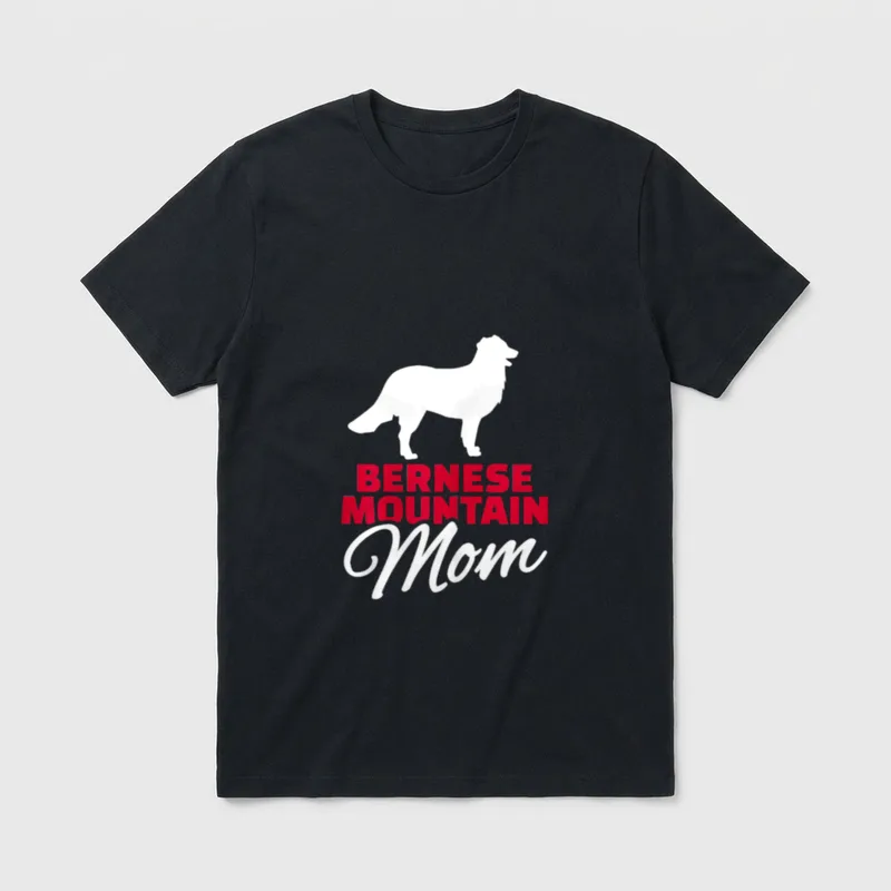 Berner Sennenhund Mama T-Shirt 0136 – Bernese Mountain Mom Text mit weißer Hundesilhouette – Klassisches T-Shirt in Schwarz