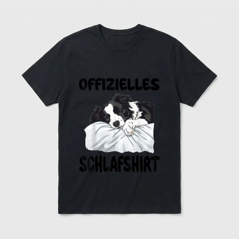 Vintage Shirt Co – Schlafender Border Collie auf weißem Kissen mit Text – Klassisches T-Shirt in Schwarz