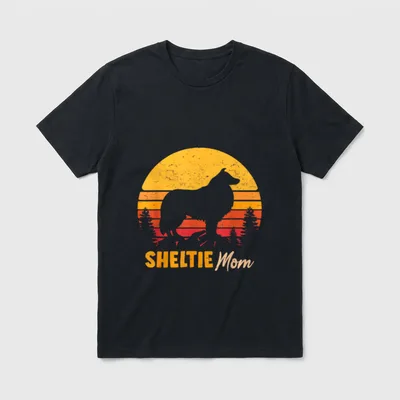 Sheltie Mom Mama Vintage T-Shirt – Retro Sheltie Mom Sonnenuntergang Silhouette Druck – Klassisches T-Shirt in Schwarz