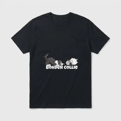 Border Collie Und Schaf T-Shirt – Comic-Zeichnung Border Collie und Schaf mit weißer Schrift – Klassisches T-Shirt in Schwarz