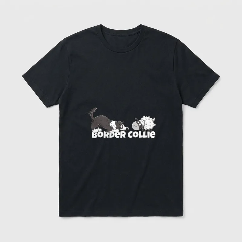Border Collie Und Schaf T-Shirt – Comic-Zeichnung Border Collie und Schaf mit weißer Schrift – Klassisches T-Shirt in Schwarz