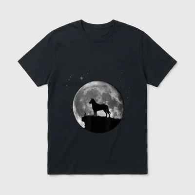 Kurzhaarcollie Hunde T-Shirt – Hundesilhouette vor detailreichem Vollmond und Sternenhimmel – Klassisches T-Shirt in Schwarz
