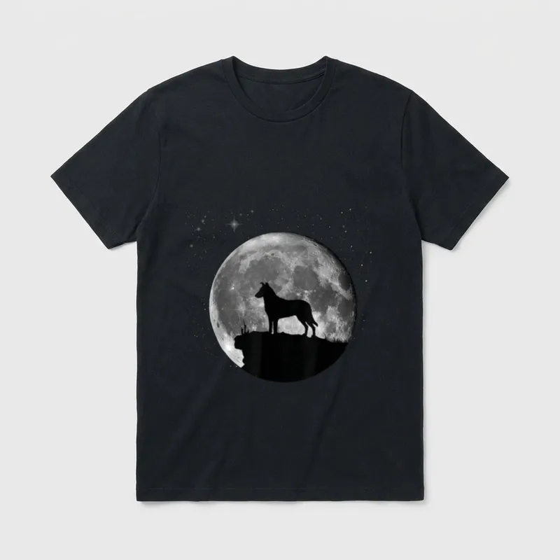 Kurzhaarcollie Hunde T-Shirt – Hundesilhouette vor detailreichem Vollmond und Sternenhimmel – Klassisches T-Shirt in Schwarz