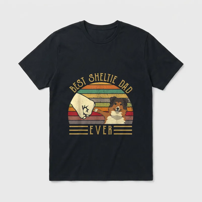 Der beste Sheltie Dad T-Shirt – Retro Fists-BumpSheltieHundSonnenuntergangText – Klassisches T-Shirt in Schwarz