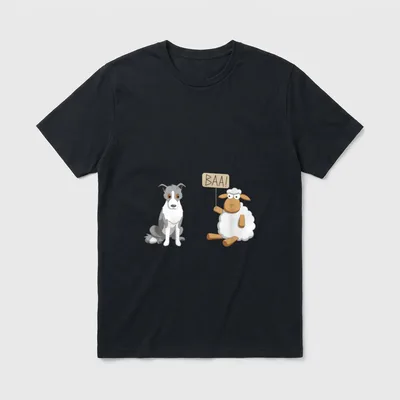 Border Collie und Schaf Cartoon T-Shirt – Cartoon Border Collie und Schaf mit Baa Schild – Klassisches T-Shirt in Schwarz