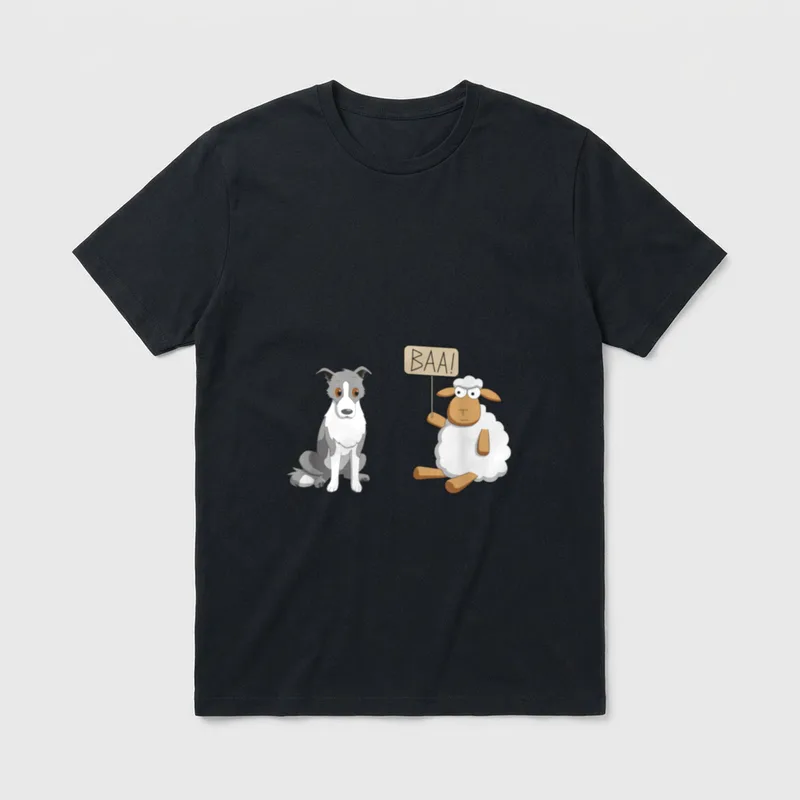 Border Collie und Schaf Cartoon T-Shirt – Cartoon Border Collie und Schaf mit Baa Schild – Klassisches T-Shirt in Schwarz