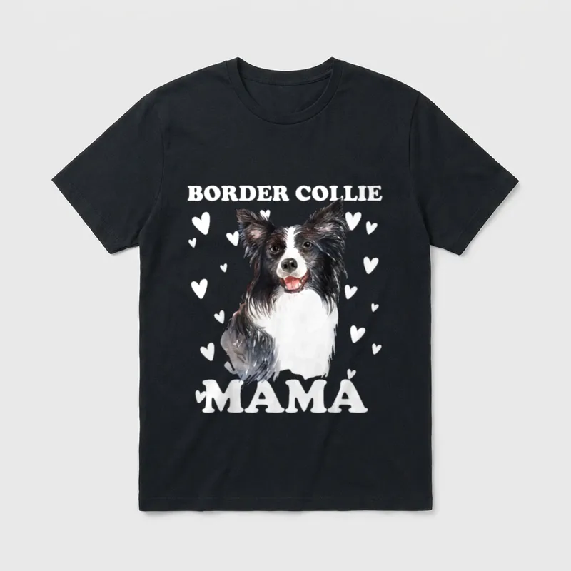 Border Collie Mama Mom T-Shirt – Wasserfarbener Border Collie mit Herzen und Schriftzug MAMA – Klassisches T-Shirt in Schwarz