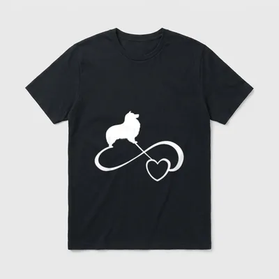 Sheltie T-Shirt 0174 – Weiße Sheltie Silhouette auf unendlichem Symbol mit Herzform – Klassisches T-Shirt in Schwarz