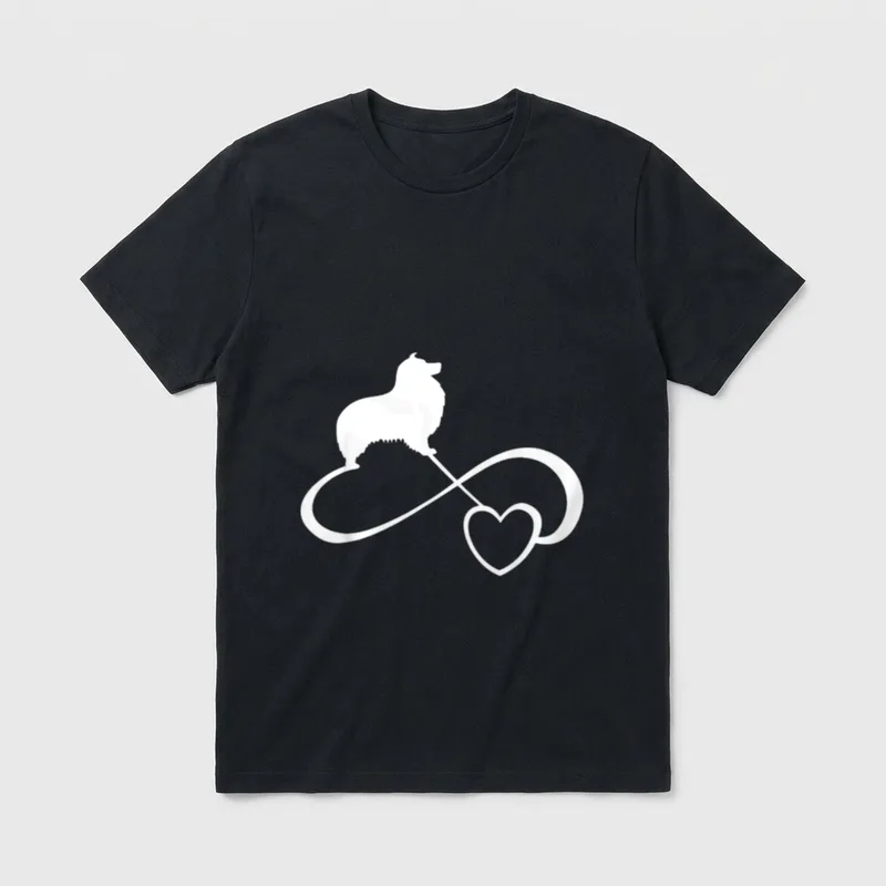 Sheltie T-Shirt 0174 – Weiße Sheltie Silhouette auf unendlichem Symbol mit Herzform – Klassisches T-Shirt in Schwarz