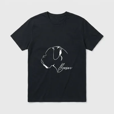 Boxer T-Shirt Herren – Weißes Strichprofil eines Boxer-Hundes mit kursivem Schriftzug Boxer – Klassisches T-Shirt in Schwarz