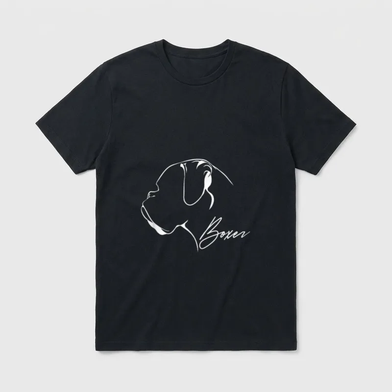 Boxer T-Shirt Herren – Weißes Strichprofil eines Boxer-Hundes mit kursivem Schriftzug Boxer – Klassisches T-Shirt in Schwarz