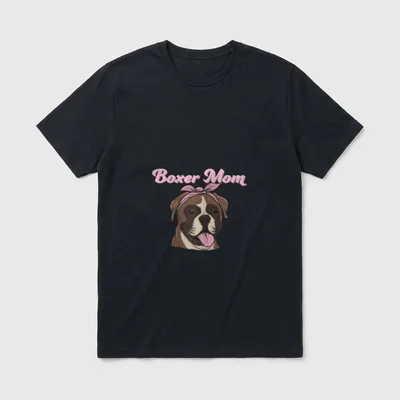 Boxer Mom Süßes Hund Mama T-Shirt – Boxer Mom Text über Boxer-Kopf mit pinker Bandana – Klassisches T-Shirt in Schwarz