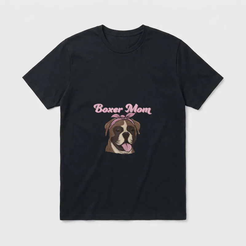 Boxer Mom Süßes Hund Mama T-Shirt – Boxer Mom Text über Boxer-Kopf mit pinker Bandana – Klassisches T-Shirt in Schwarz