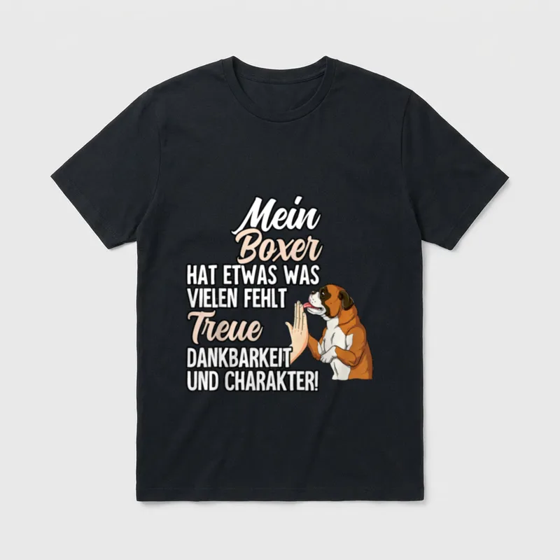 Boxer Hund T-Shirt 0070 – Boxer Hund macht High Five mit Text über Treue und Charakter – Klassisches T-Shirt in Schwarz
