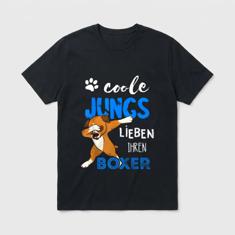 Coole Jungs Lieben Ihren T-Shirt – Dabender braun-weißer Boxer Welpe mit blauer Schrift – Klassisches T-Shirt in Schwarz