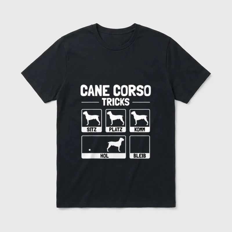 Lustiges Cane Corso Hund T-Shirt – Cane Corso Tricks Grafik mit Silhouetten und Befehlen – Klassisches T-Shirt in Schwarz