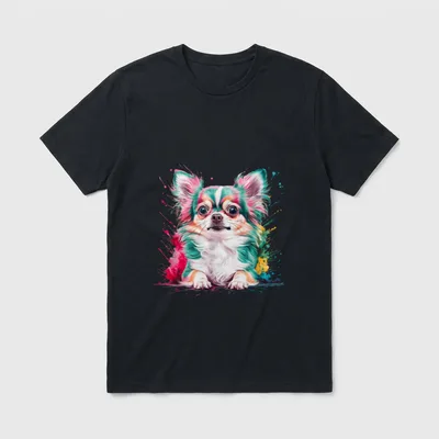 Bunt Aquarell Chihuahua T-Shirt – Farbiger Aquarell-Chihuahua mit Pinselspritzern – Klassisches T-Shirt in Schwarz