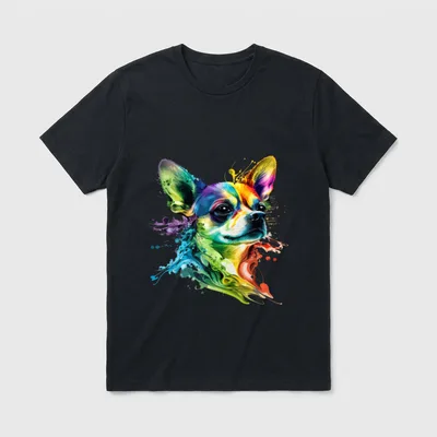 Chihuahua Bunte Pop Art T-Shirt – Bunter Chihuahua Kopf im Regenbogen Tie Dye Pop Art Stil – Klassisches T-Shirt in Schwarz