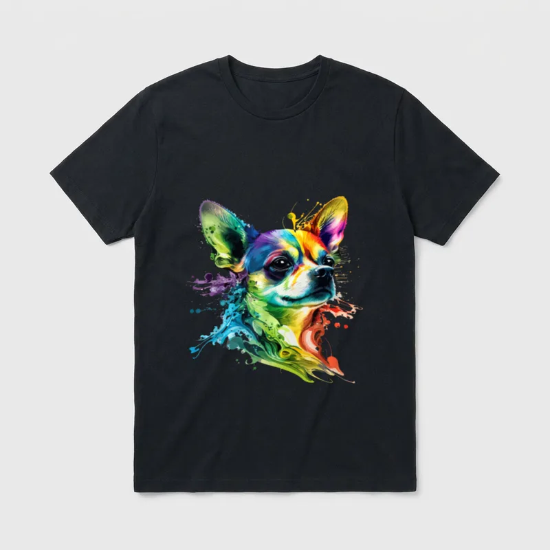 Chihuahua Bunte Pop Art T-Shirt – Bunter Chihuahua Kopf im Regenbogen Tie Dye Pop Art Stil – Klassisches T-Shirt in Schwarz