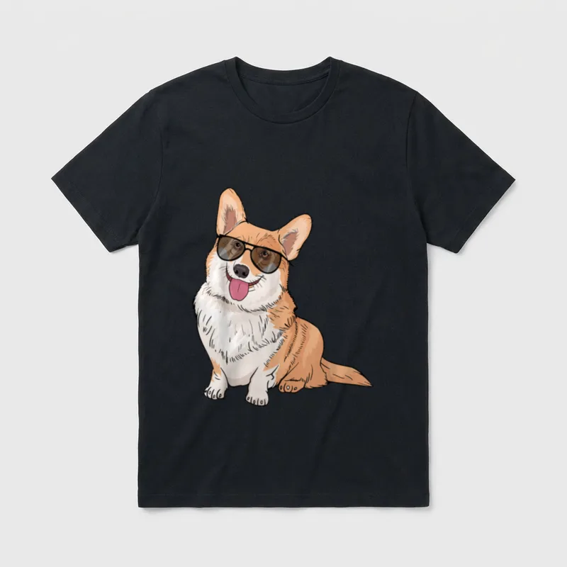 Corgi-Hund T-Shirt – Corgi mit Sonnenbrille und heraushängender Zunge – Klassisches T-Shirt in Schwarz