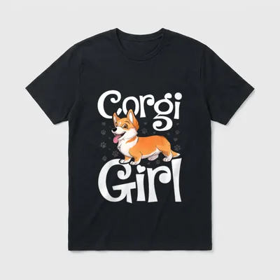 Corgi Girl Neuheit T-Shirt – Corgi Girl Schriftzug mit fröhlichem Corgi und Pfotenabdrücken – Klassisches T-Shirt in Schwarz