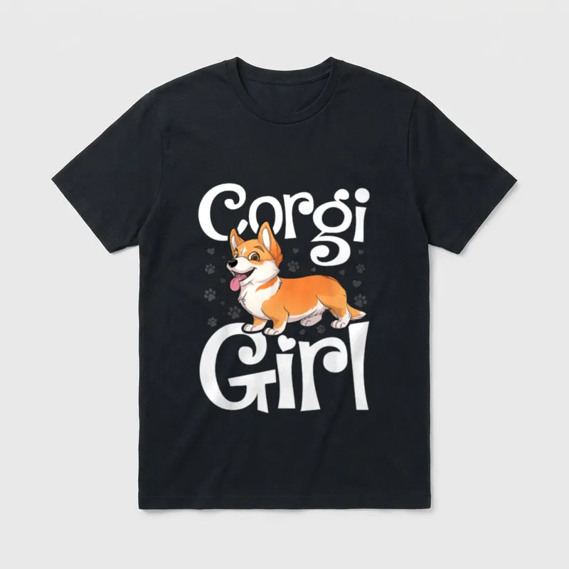 Corgi Girl Neuheit T-Shirt – Corgi Girl Schriftzug mit fröhlichem Corgi und Pfotenabdrücken – Klassisches T-Shirt in Schwarz