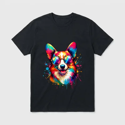 Pop Art Lieblings Hund T-Shirt – Bunter Corgi mit Sonnenbrille im Pop Art Stil – Klassisches T-Shirt in Schwarz