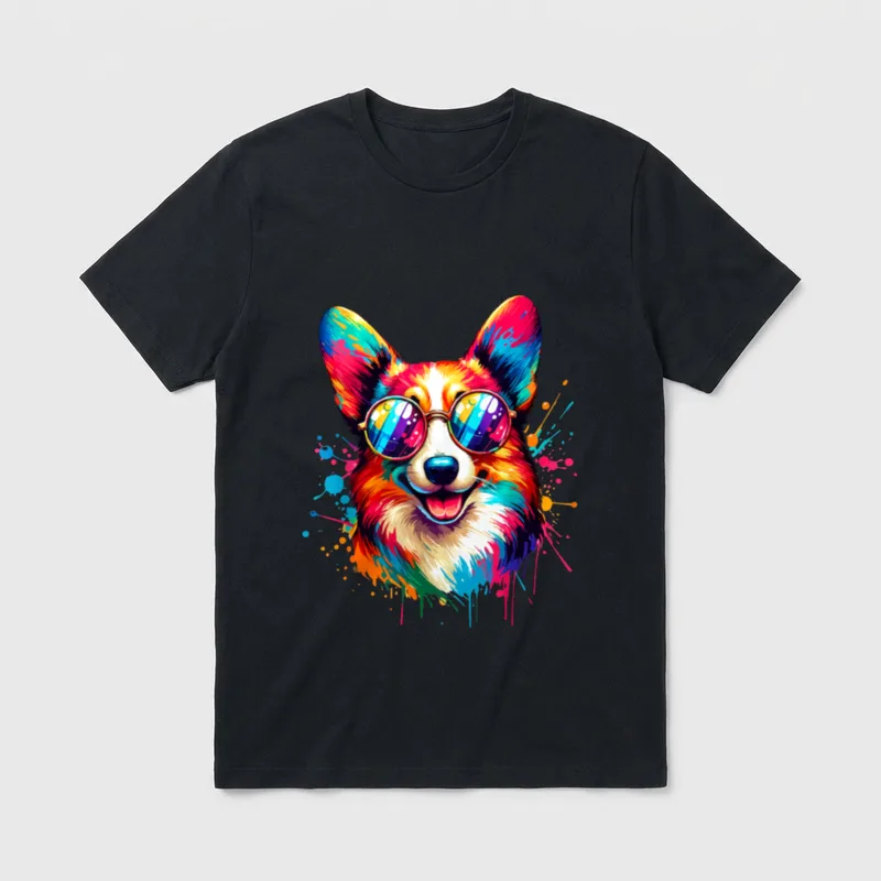 Pop Art Lieblings Hund T-Shirt – Bunter Corgi mit Sonnenbrille im Pop Art Stil – Klassisches T-Shirt in Schwarz