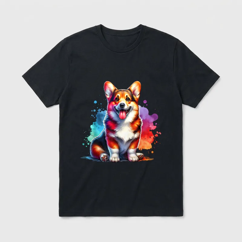 Corgi T-Shirt 0034 – Bunter Corgi Welpe sitzend mit Wasserfarbe Hintergrund – Klassisches T-Shirt in Schwarz